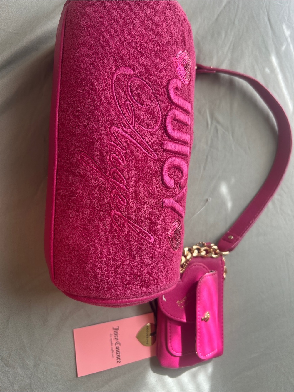 Juicy Couture Fuchsia Suede Shoulder Bag with Gold Chain Accents
